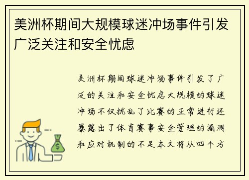 美洲杯期间大规模球迷冲场事件引发广泛关注和安全忧虑 美洲杯期间大规模球迷冲场事件引发广泛关注和安全忧虑